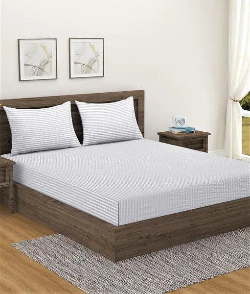 Home Sizzler 300TC Cotton White Satin Striped Double Bedsheet with 2 King Size Pillow Covers, 90"X92"