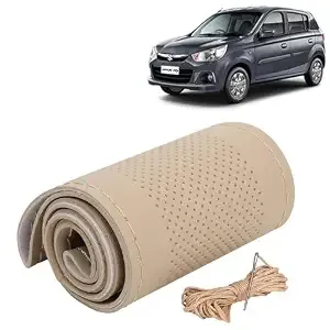 KINGSWAY® PU Leatherite Car Steering Cover Sewable Compatible with Maruti Suzuki Alto K10 (Year 2014-2022), Beige Color with Beige Thread, Pack of 1 with Sewing Needle and Thread
