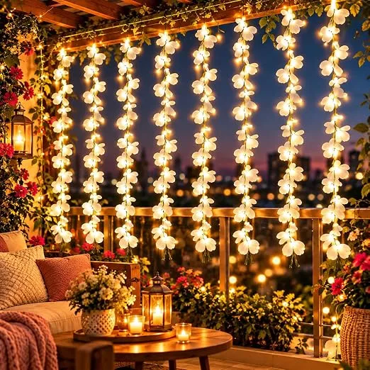 One94Store White Artificial Flower Curtain LED String Lights – 200 LED Warm White Fairy Lights, 8 Modes, AC Plug Hanging Lights for Diwali, Balcony, Bedroom, Wedding & Home Decoration (10x3 Ft)