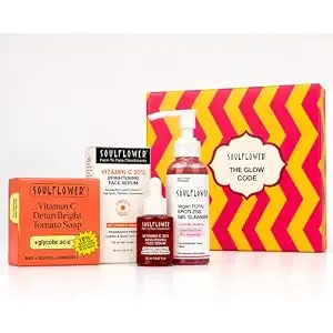 Soulflower The Glow Code Gift Set, Combo Kit with 20% Vitamin C Serum, Korean PDRN Face Wash, Tan Removal Tomato Soap for Anti Tan, Clenaser, Skin Brightening for Men & Women - Pack of 1