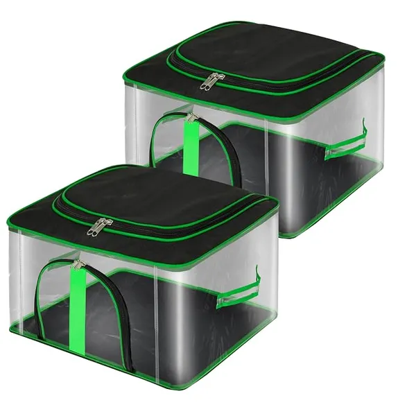 Storite 2 Pack Nylon 33 L PVC Transparent Moisture Proof Storage box for Clothes Closet Wardrobe Organizer for Clothes Saree Bags with Carry Handle (Black, 45 x 30 x 26 cm)