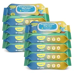 Cleansing Baby Wipes, Enriched with Aloe Vera, Jojoba seed oil, Shea Butter & Vitamin E - 80 Counts/Pack| Essential Wet Wipes with Lid, Alcohol and Paraben free wipes for Babies/Kids (Pack of 8)