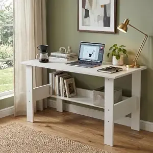 [Apply 3% Coupon] Linea Study Desk with Lower Storage Shelf, Compact Writing Table & Laptop Station for Home Office and Students, 90x50x75cm (Frosty White)
