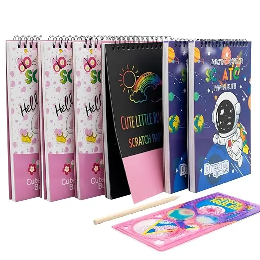 Crackles Scratch Book Kit for Kids (Large 6 Set) | Magic Scratch Art Notebook with Stylus & 6 Stencil Scale | Bulk Return Gifts for Birthday Party | Art & Craft Activity Kit for Boys & Girls 3+
