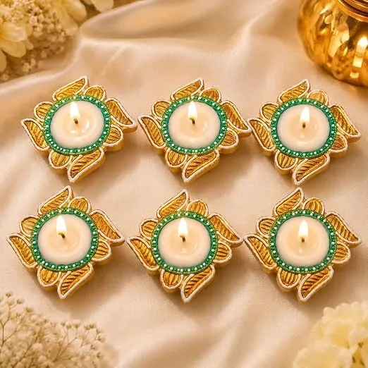 Flux Global Decorative Wax Diya Candles, Traditional Indian Diya Style with Green and Gold Decorative Flower Design for Diwali, Pooja, Festivals and Home Decoration(Pack of 6)