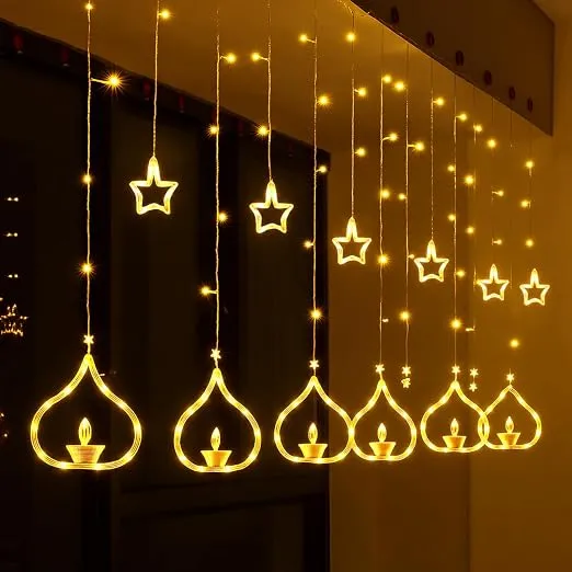 One94Store Deep Diya Curtain Decorative LED String Lights – 3 Meter Warm White Plug-in Lights with 108 LEDs, 6+6 Diya Design for Balcony, Indoor & Outdoor & Diwali Lights for Home