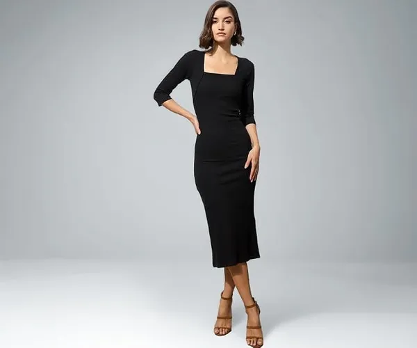 barcino Black Rib Square Neck Sticth Detail Midi Dress