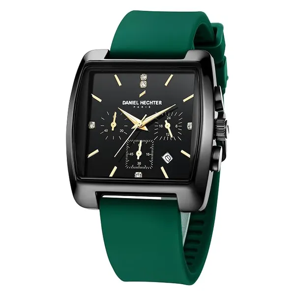 Daniel Hechter Paris Alma Collection Watch for Men Premium Chronograph Watch Black Square Dial Silicone Strap, Multi-Function, Date Display Luxury