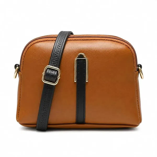 Cream Faux Leather Sling Bag with Gold-Tone Hardware, Multi-Compartment Crossbody Bag (Tan)