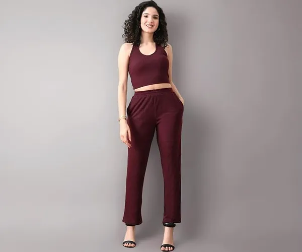 Women's Ribbed Co-ord Set | Sleeveless Crop Top & Straight Pants | Soft Stretchy Polyester