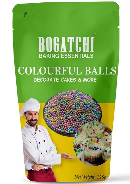 BOGATCHI Colorful Balls Sprinkler for Baking Items Decoration | Topping for Cake & Other Baking Items| Colored Sugar Confectionary | Cake Decorating Sprinkler |125g