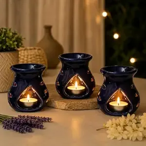 Pure Source India Ceramic Aroma Oil Burner | Essential Oil Diffuser, Pack of 3 (17.8 x 12.7 x 17.8 cm, Blue), 3.5 inch (PSI-A-97BLUE3PCSPACK)