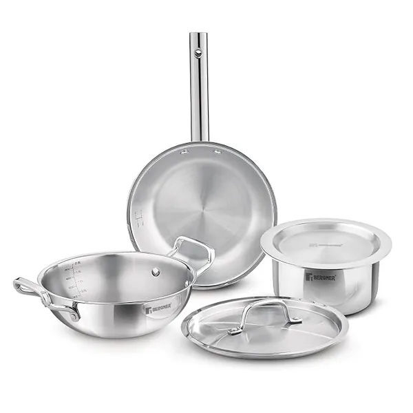 [Apply ₹300 Coupon] Bergner Tripro Triply Cookware Set 5 Pcs - 22cm (2.3L) Kadai with Lid, 22cm Frypan, 16cm (1.8L) Tope with Lid, Consumes Less Oil, Healthy Cooking, Even Heat Distribution, Induction and Gas Stove Ready