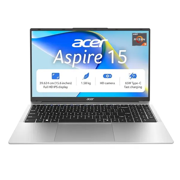 [HDFC CC EMI] Acer Aspire 15,AMD Ryzen 3 3200U Processors, 8GB DDR4 RAM/256GB SSD, 39.62 cm /15.6" FHD IPS Display, Win 11Home, Light Silver, 1.58 Kg, AS15-39, BL Keyboard, Thin & Light Laptop