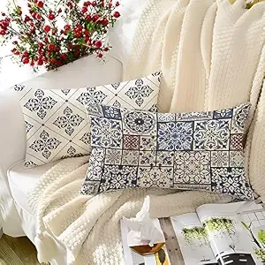STITCHNEST Ethnic Rectangular Blue Brown Printed Poly Cotton Cushion Covers,Set of 2, 12 x 18 Inches