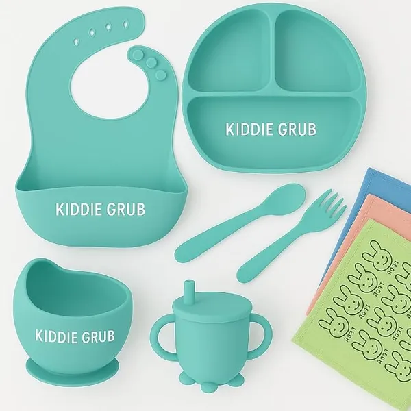 7 Pcs Baby Feeding Set with Napkin BPA Free Baby Dinner Set, Silicone Feeding Set for Baby 6+ Months, Baby Weaning Set, Baby Suction Plate and Spoon Cutlery Set, Silicone bib and Bowl