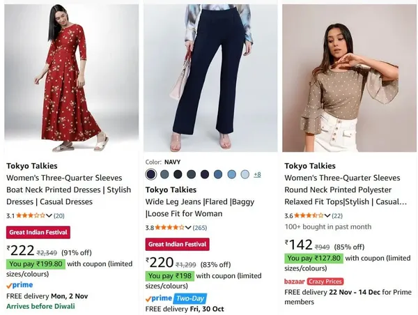 [Apply Coupon] Tokyo Talkies Women's Clothing upto 91% off starting From Rs.142 @ amazon