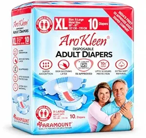 AroKleen (ISI CERTIFIED) Adult Diapers Tape Style | Extra Large (XL) Size, 10 Count, Waist Size (127-170cm | 50"-67" inches), Unisex, High Absorbency, Leak Proof, Overnight Protection, Odour lock, Anti-Bacterial Absorbent Core-Pack of 1