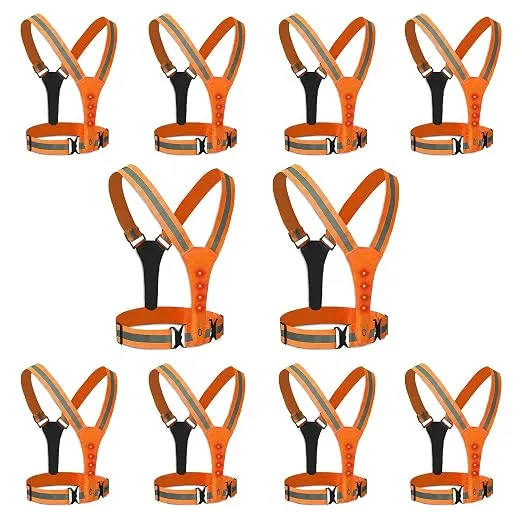 Robustt High visibility LED Safety Vest Jacket - Orange (Pack of 10) | 360° Visibility | 3 LED Light Modes | Adjustable Fit | Coin cell Powered Reflector Vest for Night Running, Walking, and Biking