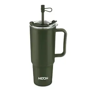 MILTON Maven 1000 Plastic Water Tumbler | 2-in1 Lid Sip or Gulp | Crystal Clear BPA Free-Food Grade | Sturdy Handle | Large Travel Mug for Gym, Office & Outdoor Use, 1 L, Military Green