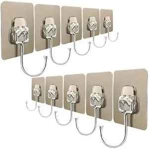 Large Adhesive Hooks for Wall Heavy Duty Waterproof Wall Hooks for Hanger Hooks, Stainless Steel Towel and Coats Wall Hook to Use Inside Kitchen, Bathroom, Home and Office (Golden Hook 10-pcs)
