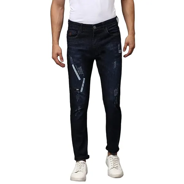 CAHOOT Men' Denim Jeans for Regular Wear Blue Dark Wash Patchwork Slim Fit Jeans Crafted with Comfort Fit and High Performance for Everyday Casual Wear