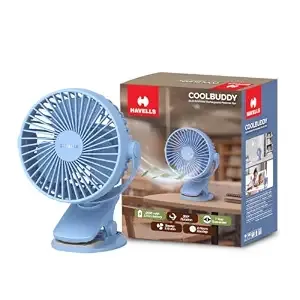 Havells COOLBUDDY Personal Rechargeable Fan| USB Type C Charging| 360° Complete Rotation| Up to 4hrs Run Time,3 Wind Speeds| Super Silent BLDC Motor| Triple Mounting Clip It, Hang It, Place It (Blue)