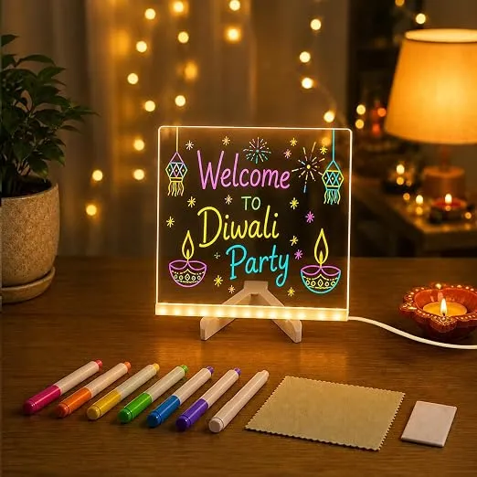 Amazon Basics LED Acrylic Writing Board with Pen | Rewritable Message Note Board for Desk, Study Table & Home Decor | USB Type-A | 15 x 15 cm