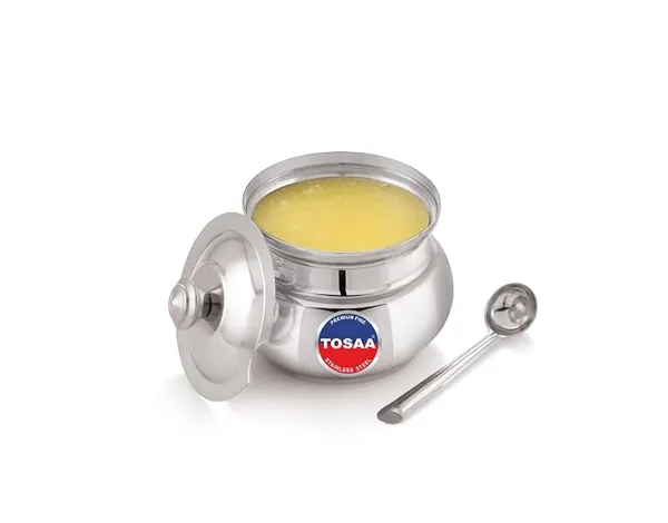 TOSAA Stainless Steel Ghee Pot with Lid & Spoon | Multipurpose Ghee Container for Kitchen Storage | Food Grade Rust Resistant Steel | Mirror Finish | Easy to Clean |Big - 450 ML
