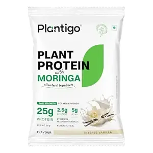 [Sample @1] Plantigo Plant Protein Powder with Moringa Superfood | 25g Protein, 5g BCAA, 2.5g Leucine, Digestive Enzymes | 3rd Party Lab Tested | Intense Vanilla Flavor - Travel Pouch