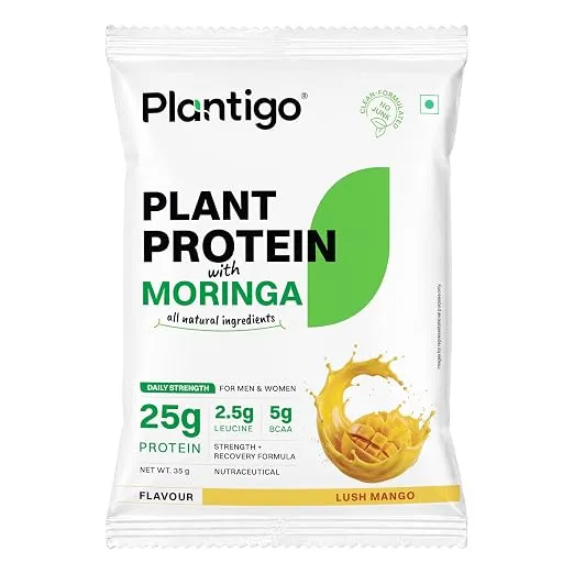 [Sample @1] Plantigo Plant Protein Powder with Moringa Superfood | 25g Protein, 5g BCAA, 2.5g Leucine, Digestive Enzymes | 3rd Party Lab Tested | Lush Mango Flavor - Travel Pouch