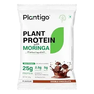 [Sample @1] Plantigo Plant Protein Powder with Moringa Superfood | 25g Protein, 5g BCAA, 2.5g Leucine, Digestive Enzymes | 3rd Party Lab Tested | Double Chocolate Flavor - Travel Pouch