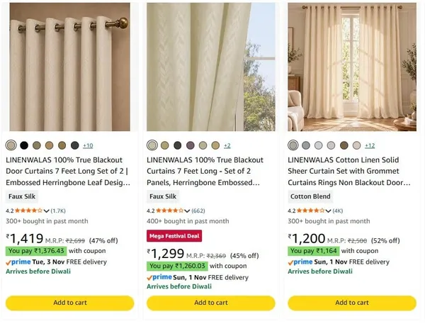 LINENWALAS Curtains & Bedsheets + Apply Coupon upto 90% off starting From Rs.159 @ amazon