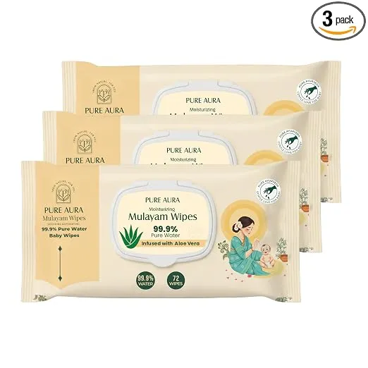 Pure Aura Baby Mulayam Wipes 72 Pulls, Pack of 3 – Doctor Recommended 99.9% Pure Water Wipes with Aloe Vera | Ultra Soft, Thick & Plant-Based | Gentle for Newborns & Sensitive Skin
