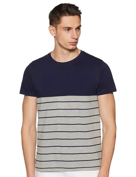 Deniklo Men's Striped Regular Fit T-Shirt (DK53-S_Navy & Grey Melange_S)