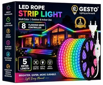 Gesto 5 Meter Multicolor RGB LED Strip Light with 8 Modes Inline Controller | IP65 Waterproof Outdoor LED Rope Light for Ceiling, Balcony, Home Decor & Cove Light for False Ceiling, Diwali Decoration