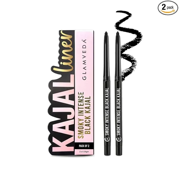 GLAMVEDA Pencil Smoky Intense Black Kajal - 0.35g | 24-Hour Long Stay One-Stroke Smooth Application Waterproof, Smudgeproof & Sweatproof| Rich Pigment | Suitable for Sensitive Eye (Pack of 2)