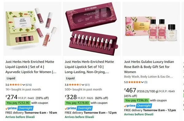Just Herbs Beauty + 15% off Coupon upto 81% off starting From Rs.167 @ amazon