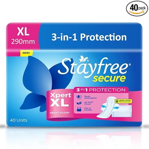 Stayfree Secure Xpert XL Sanitary Pads for Women | 290 mm | 40 Pads | Longer & Wider Pads for Heavy Flow | Air Soft Cover | Helps Prevent Skin Irritation | Fits in Pocket | Gel Lock Pockets for Instant & Deep Absorption | Dermatologically Tested Rs.