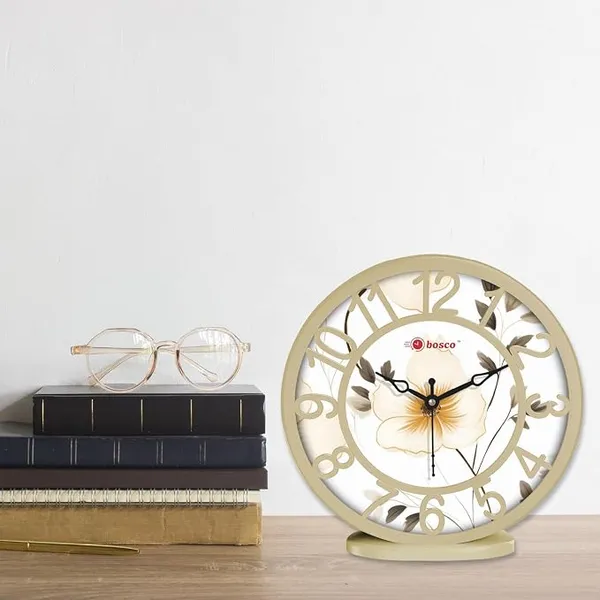 Bosco Analog Non Ticking Silent, Delicate Floral Print in Beige Colour, 20 CM Table Cum Decorative Round Wall Clock for Home, Living Room, Bed Room, Office and Kitchen | BWC-1210