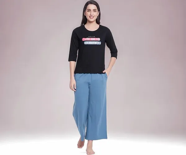 Clovia Women's Cotton Printed T-Shirt & Basic Pyjama Set - Black