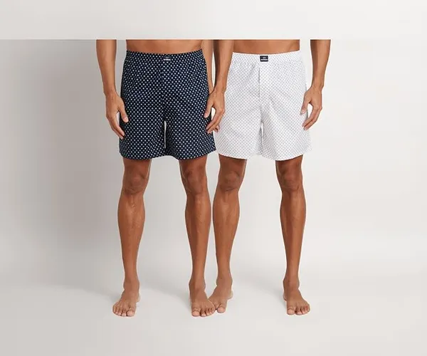 Amazon Brand - Symbol Men's Cotton Printed Boxer Shorts (Combo Pack of 2) Casual | Underwear | Half Pants | Short Pant - Regular Fit with Back Pocket