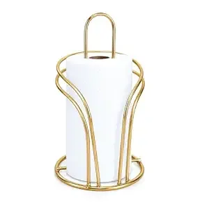 Gold Metal Tissue Roll Holder for Kitchen | Paper Towel Stand for Countertop, Dining Table & Bathroom | Freestanding Wire Holder for Home & Decor