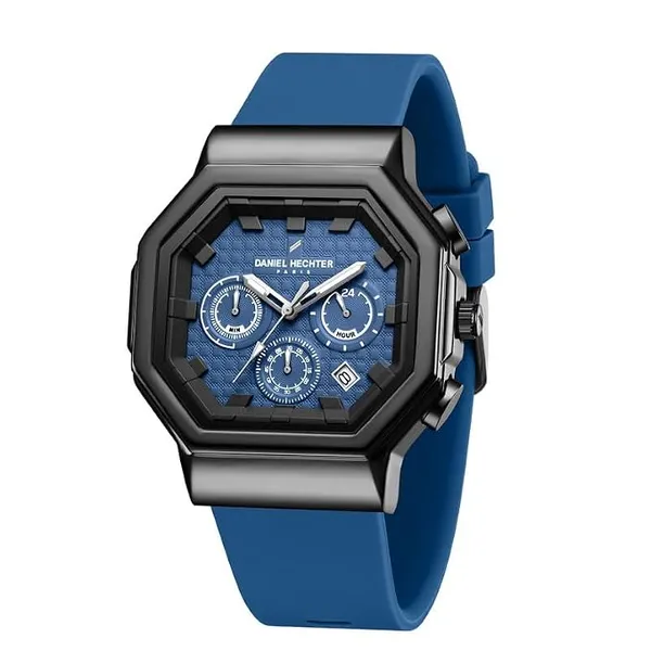 Daniel Hechter Paris Daumesnil Collection Analog Watch for Men Hexagonal Chronograph Watch Black Textured Dial, Multi-Function Display, Black Silicone Strap, Date Window