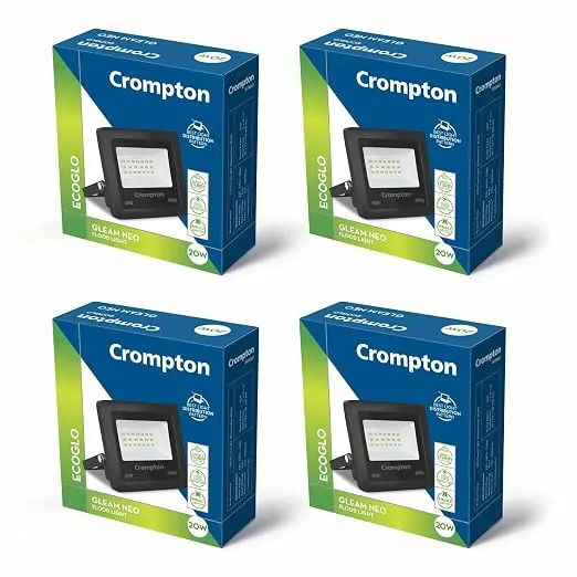 Crompton Aluminium Gleam 20W LED Flood Light | Outdoor Waterproof Security Light | Wide Angle Beam | Cool Daylight 6500K | Energy Saving | Pack of 4