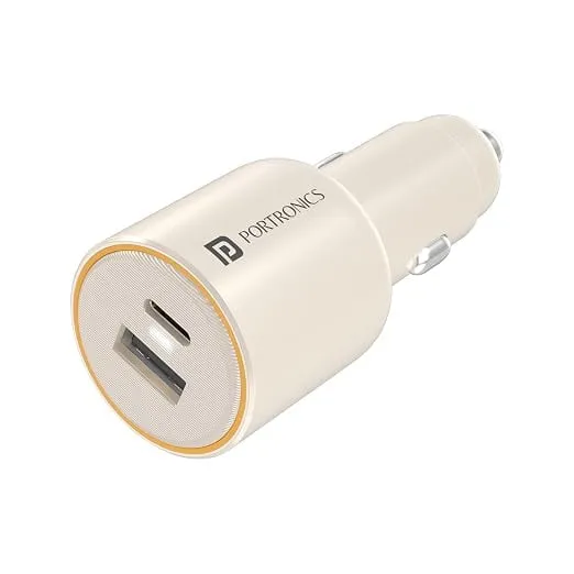 Portronics Car Power 65 Pro 65W Dual Ports Fast Car Charger with 65W Type-C PD & 22.5W USB-A, Charge 2 Devices Simultaneously, Compact 12V Car Adapter Compatible with Laptop, Smartphone, Tablet