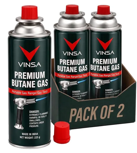 Vinsa Butane Gas Can 225 Gram | High-Pressure Pure Butane Fuel Cartridge for Travel, Camping & Portable Stoves | Ideal for Gas Torches, Blow Torches, Welding Torches & Outdoor Cooking | Pack of 2