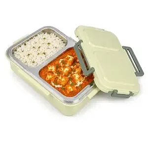 Premium 2 Compartment Stainless Steel Lunch Box with Airtight Leakproof Lid | Durable Food Storage Bento Box with Secure Lock Clips (Grey Color)