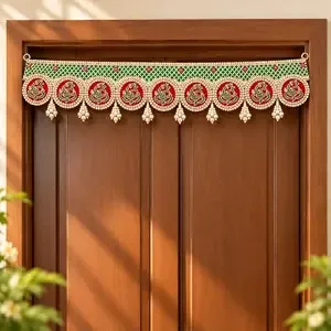 eCraftIndia Traditional Door Toran for Home Decoration, Green and Red Embroidered Bandhanwar with Pearl Tassels, Decorative Door Hanging for Entrance, Pooja Room and Festive Decor