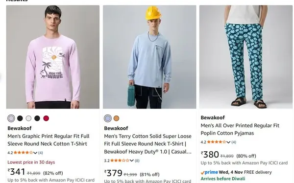 Bewakoof Clothing upto 89% off starting From Rs.279 @ amazon